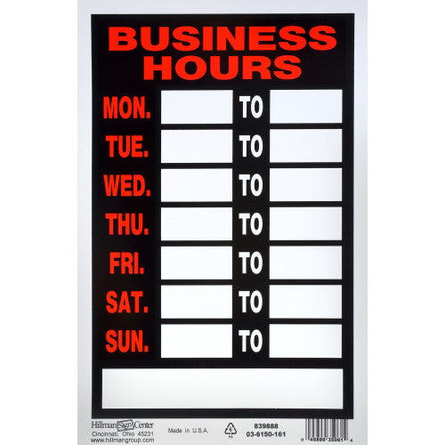 Business Hours Black and Red 8 x 12" Sign