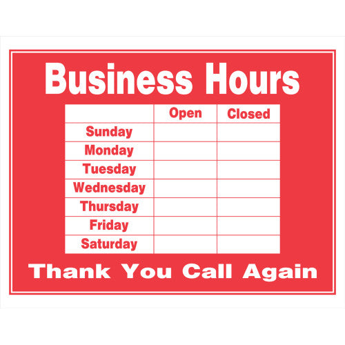 Business Hours 15 x 19" Sign
